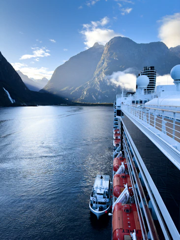 A cruise ship in a body of water with mountains in the background