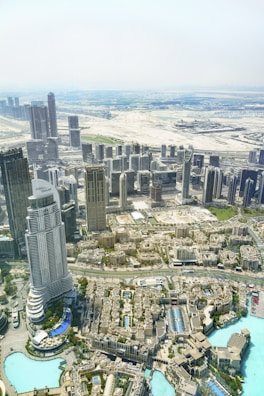 An aerial view of a city with a river running through it