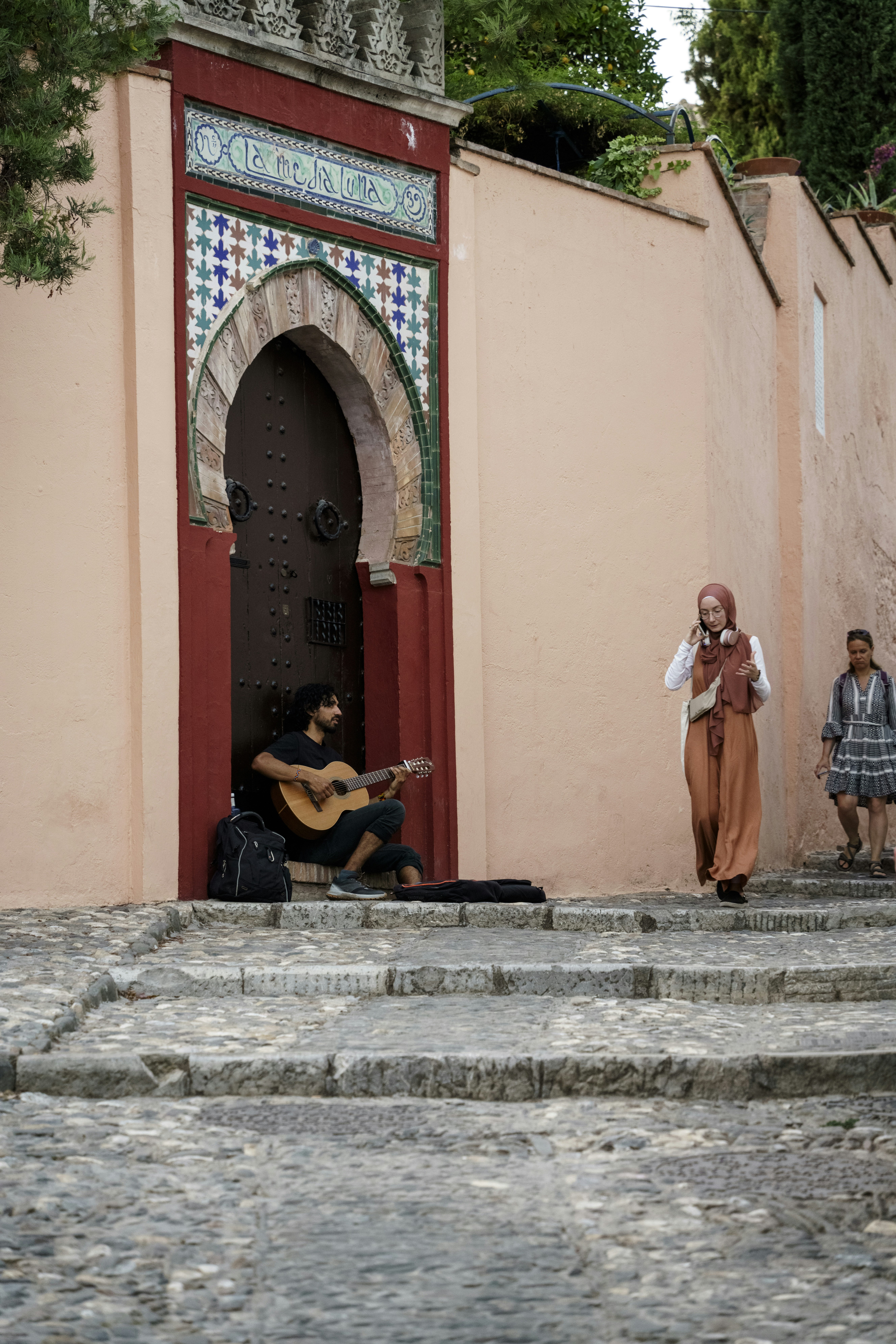 Musicians performing traditional Moroccan music at a lively festival