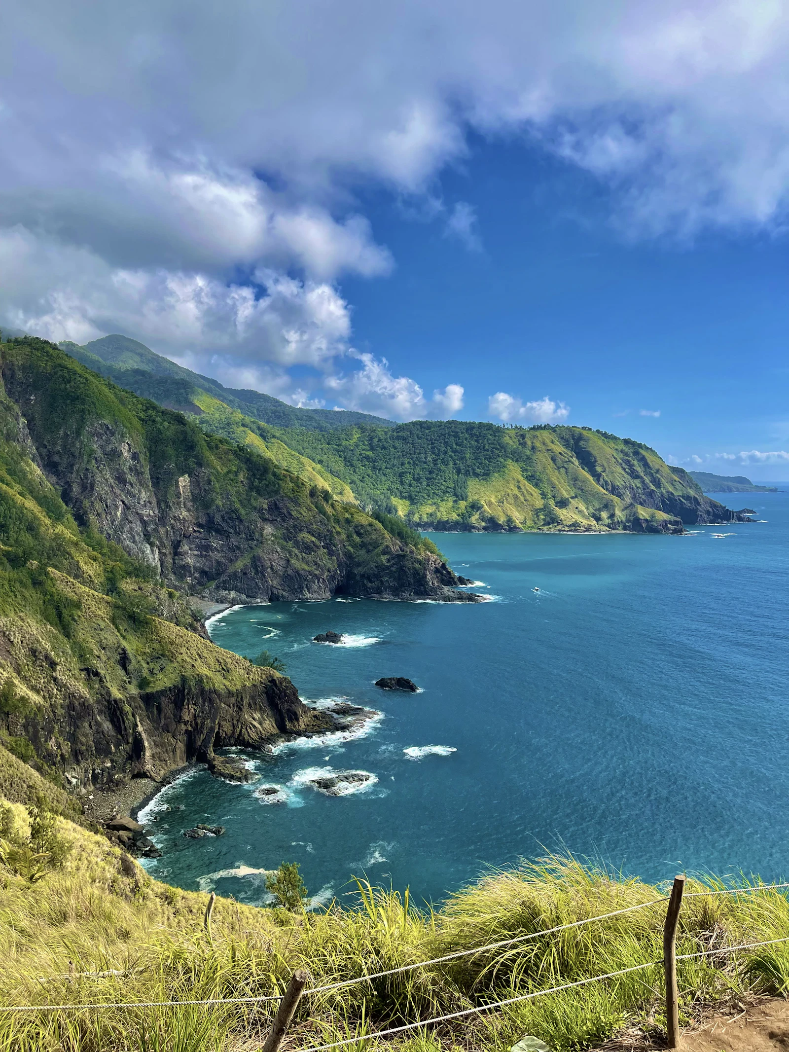 Rolling green hills meeting the turquoise ocean in Batanes