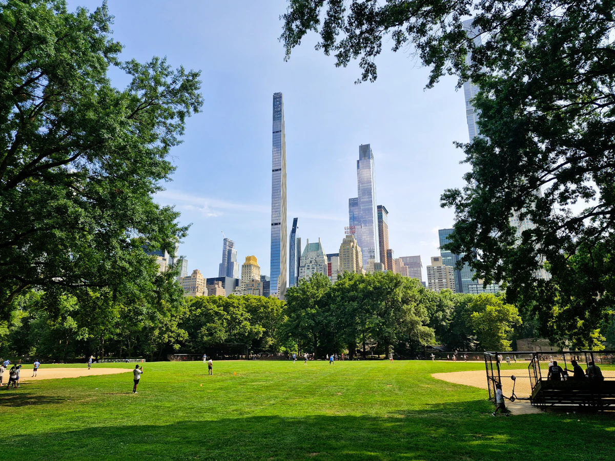 The Manhattan skyline rising beyond the green trees and lawns of Central Park