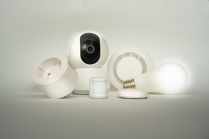 Smart home devices and electronics laid out on a table