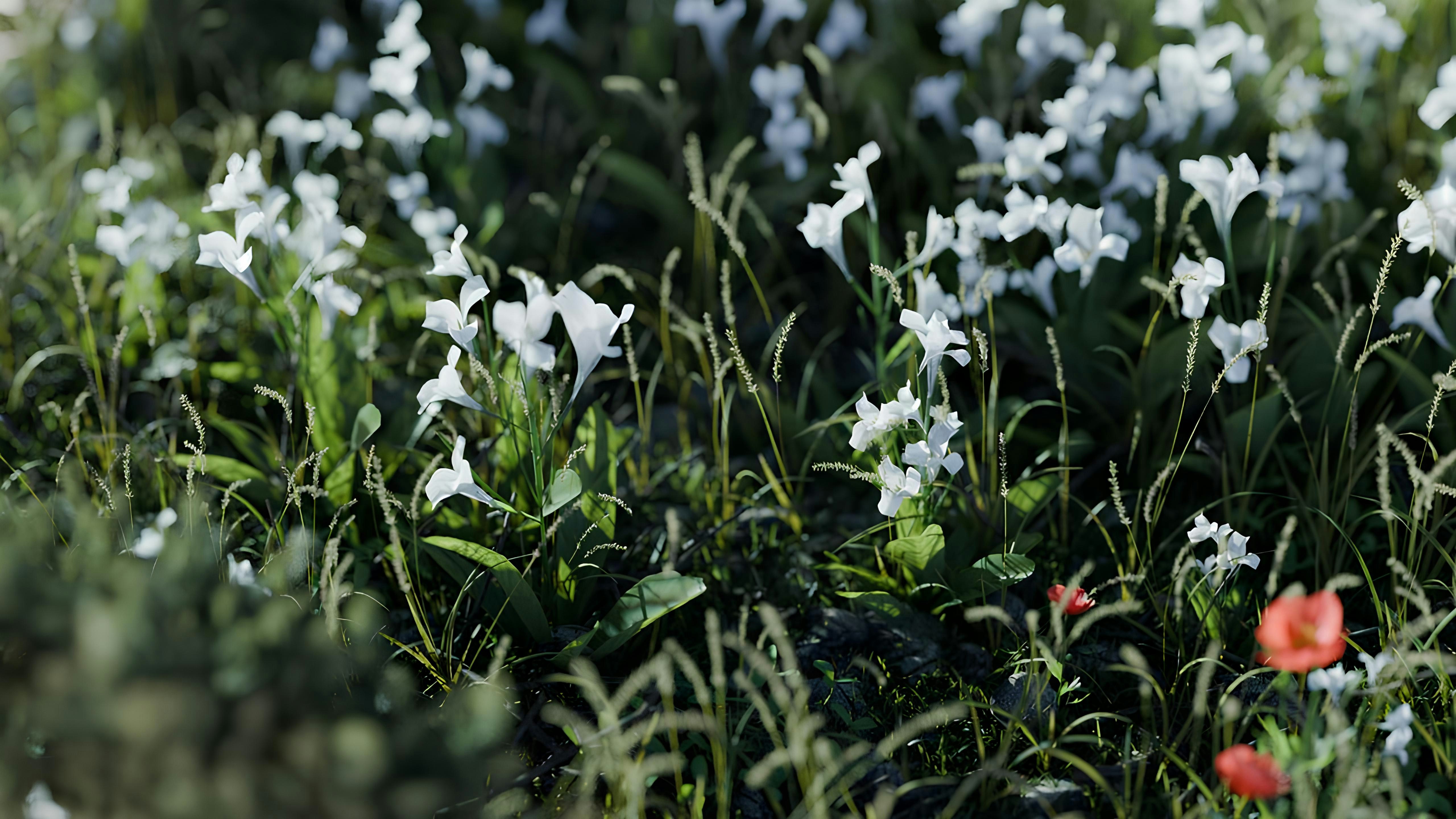 A bunch of white and red flowers in a field
