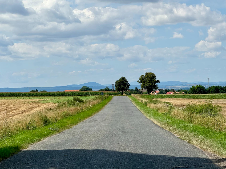 Two-lane country road winds through rural landscape under cloudy sky and swaying grass fields