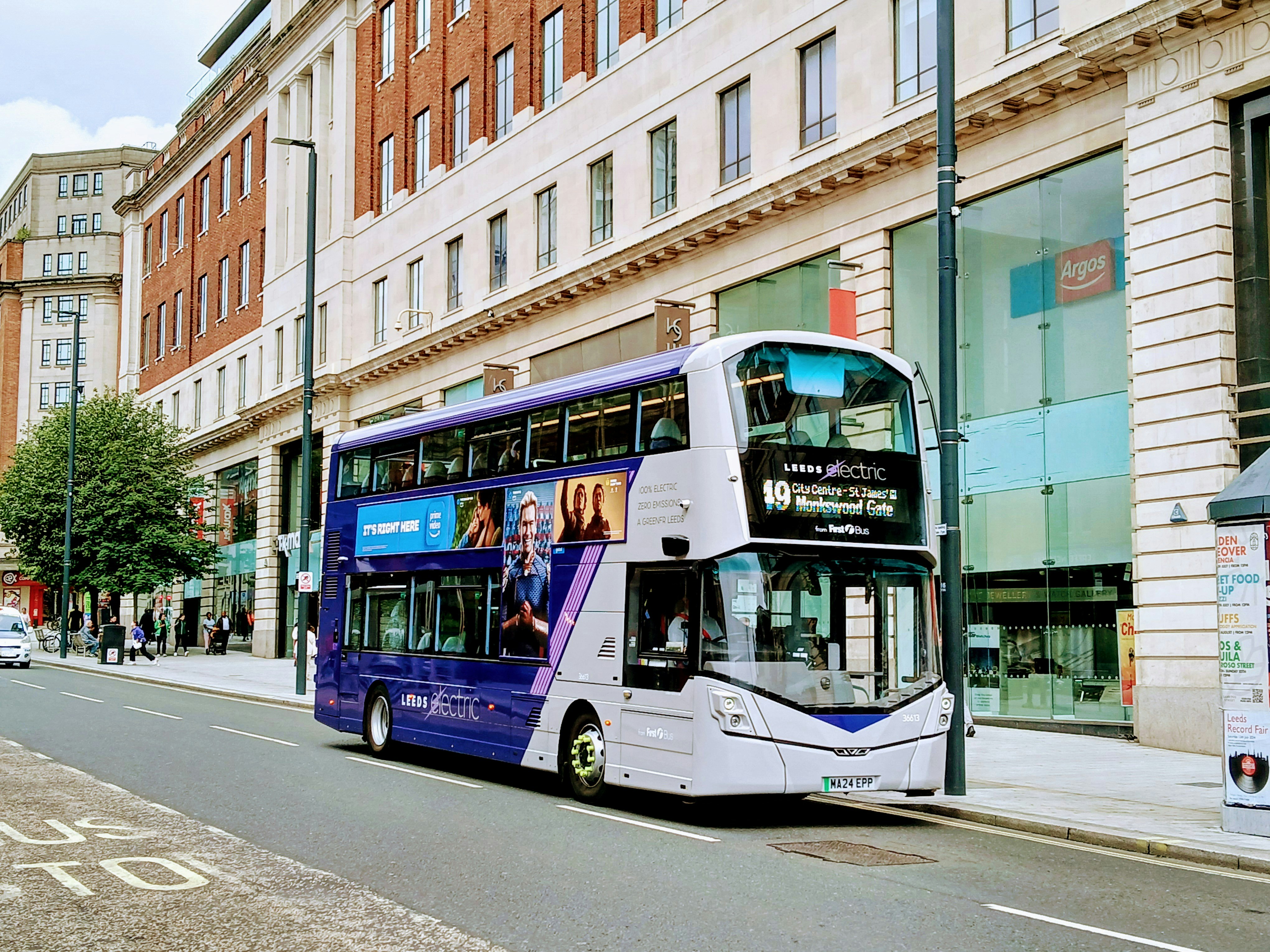 A double decker bus is parked on the side of the street