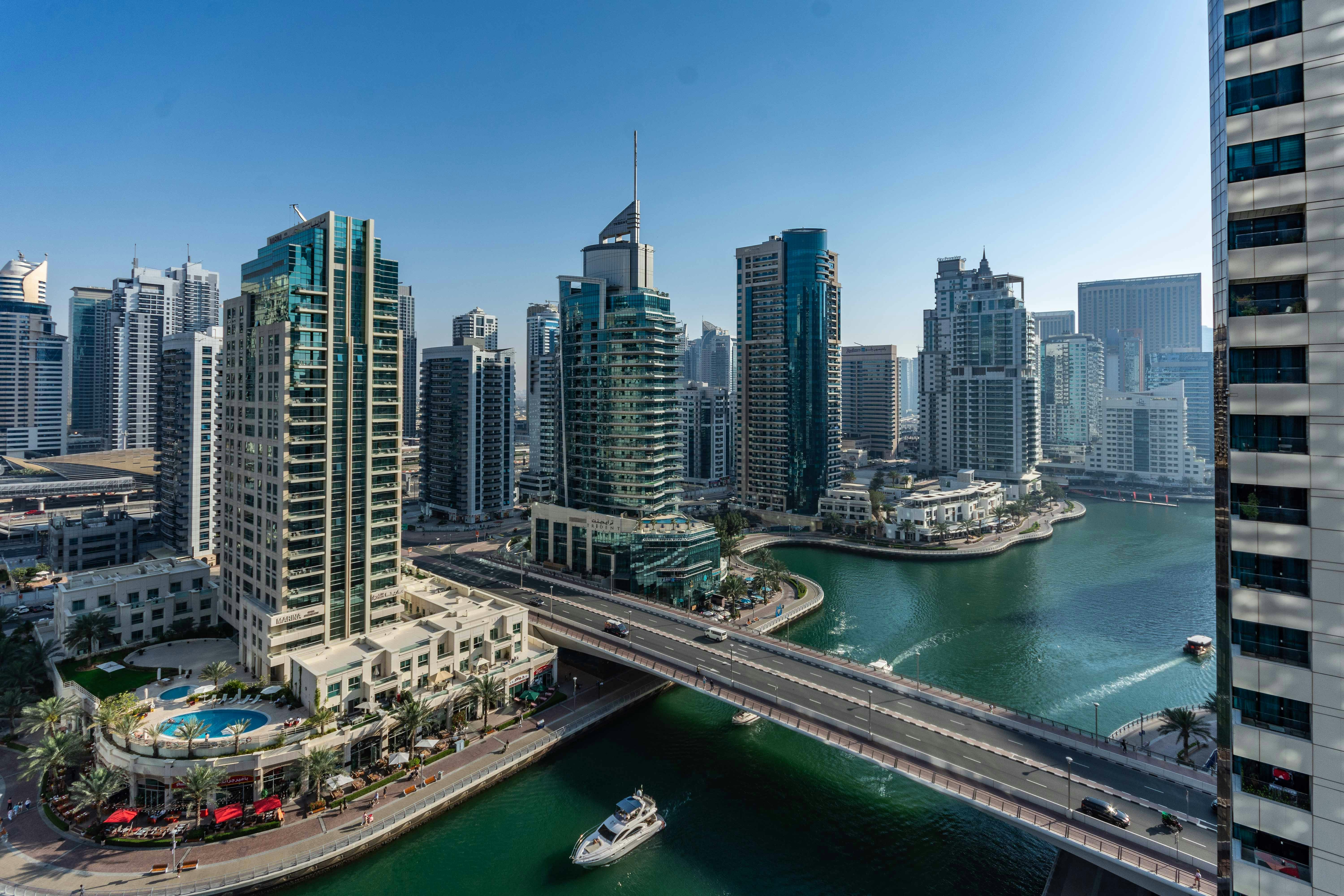 A panoramic view of a city and a river