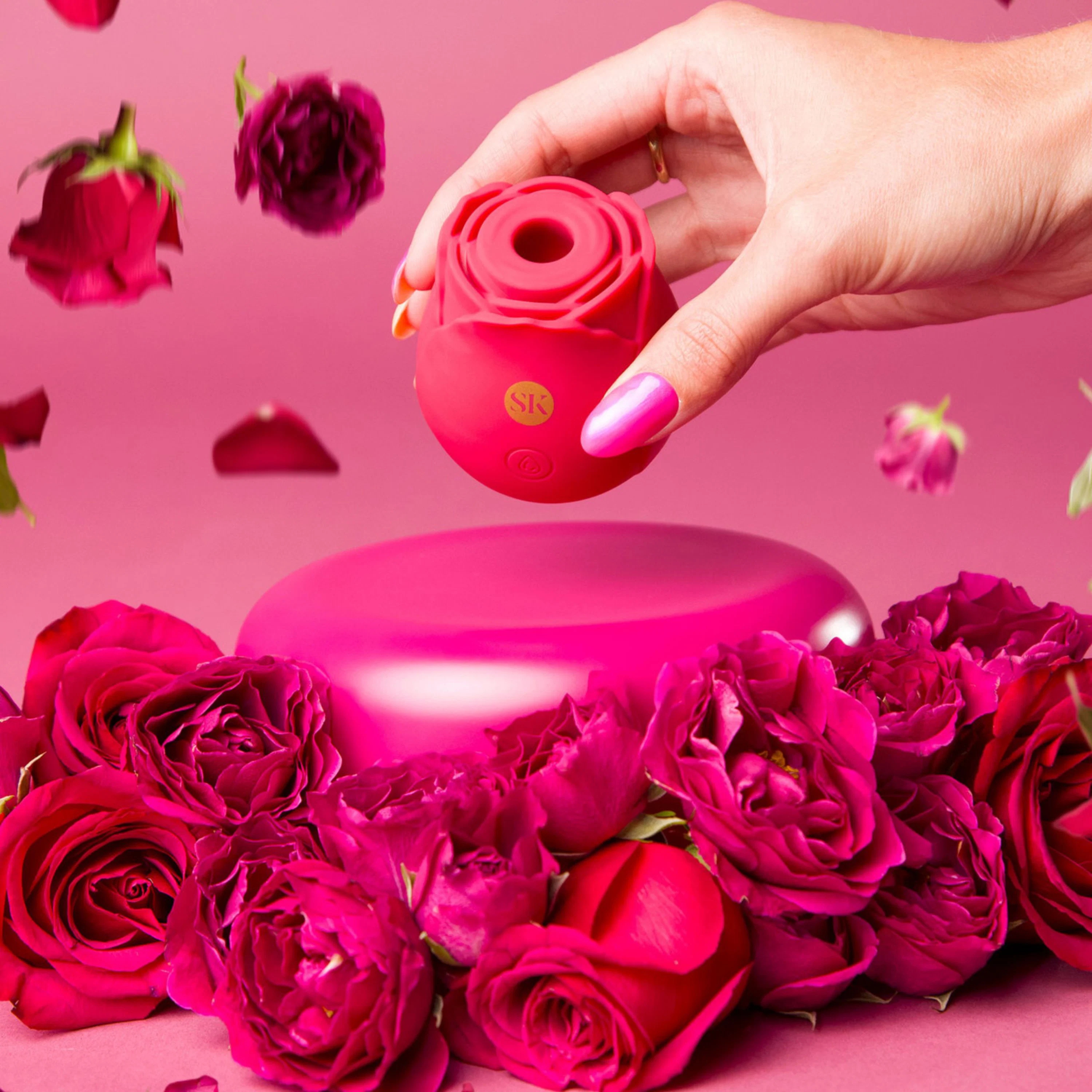 2021 rose flower toy for women Sexy woman wearing white sheer dress Stock Photo main image 0