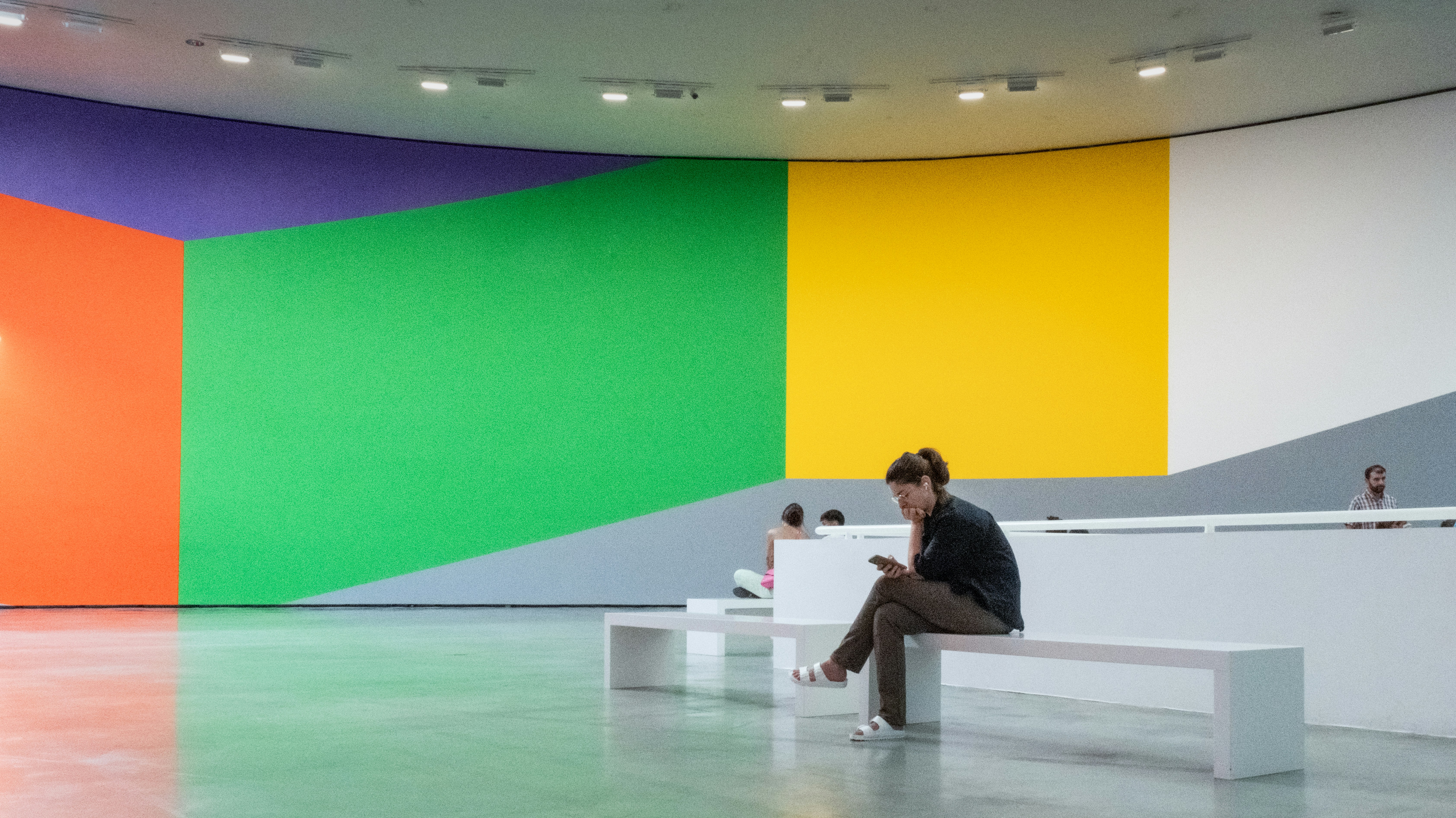 Woman viewing colorful art panels in contemporary museum setting