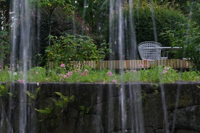 A garden with a waterfall in the middle of it