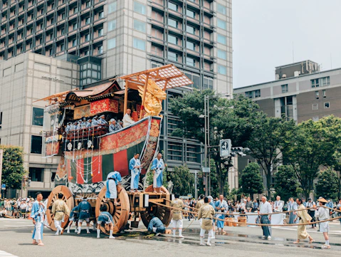 A large boat that is sitting in the street