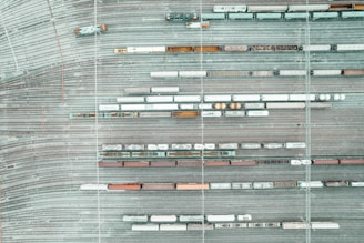 An aerial view of a train yard and tracks