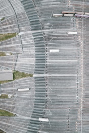 An aerial view of a baseball stadium with a baseball field