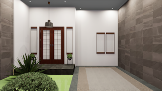 A room with a plant and a door