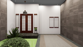 A room with a plant and a door