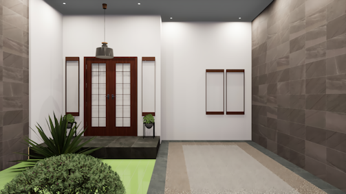 A room with a plant and a door