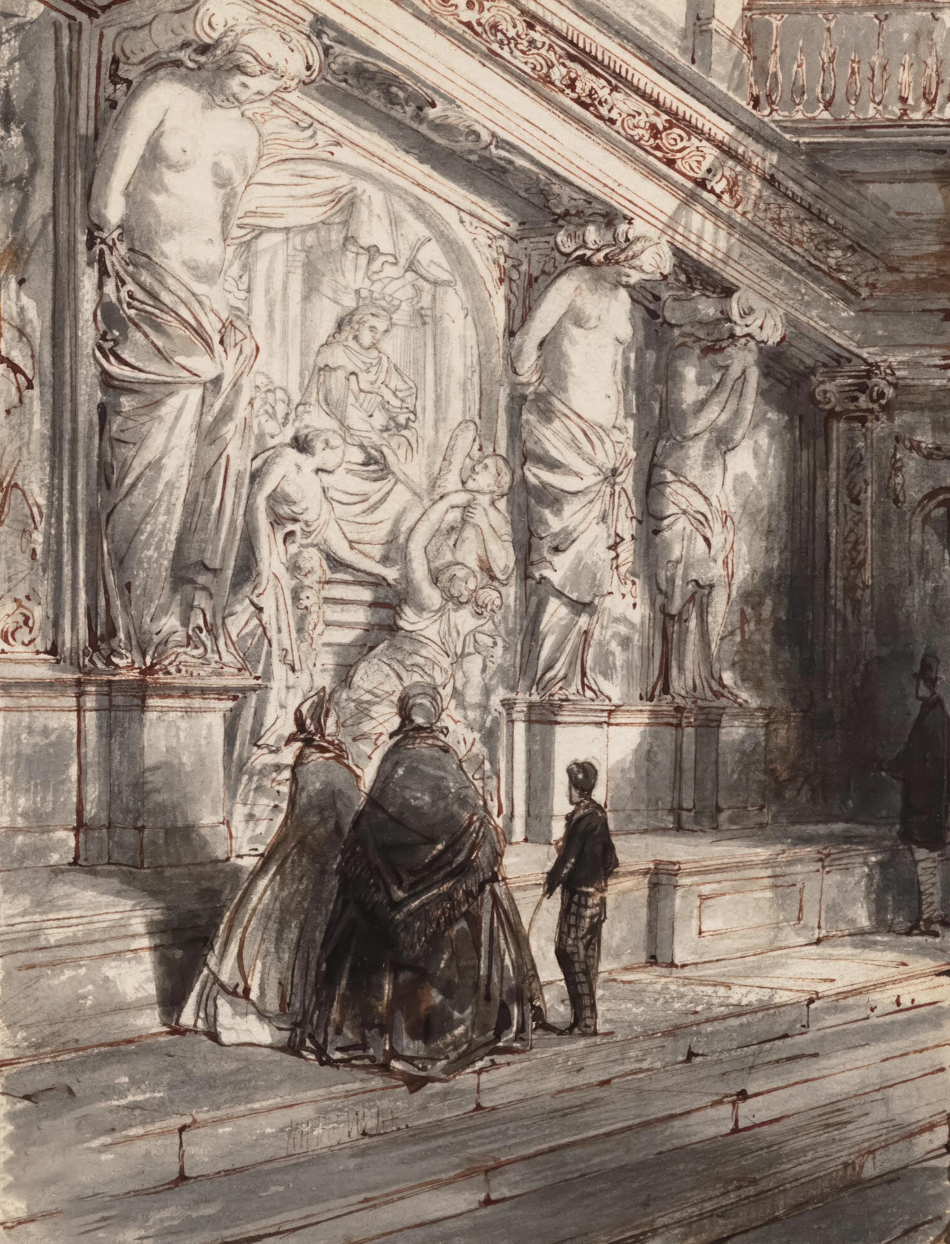 People admire ornate architectural sculpture with sculptures