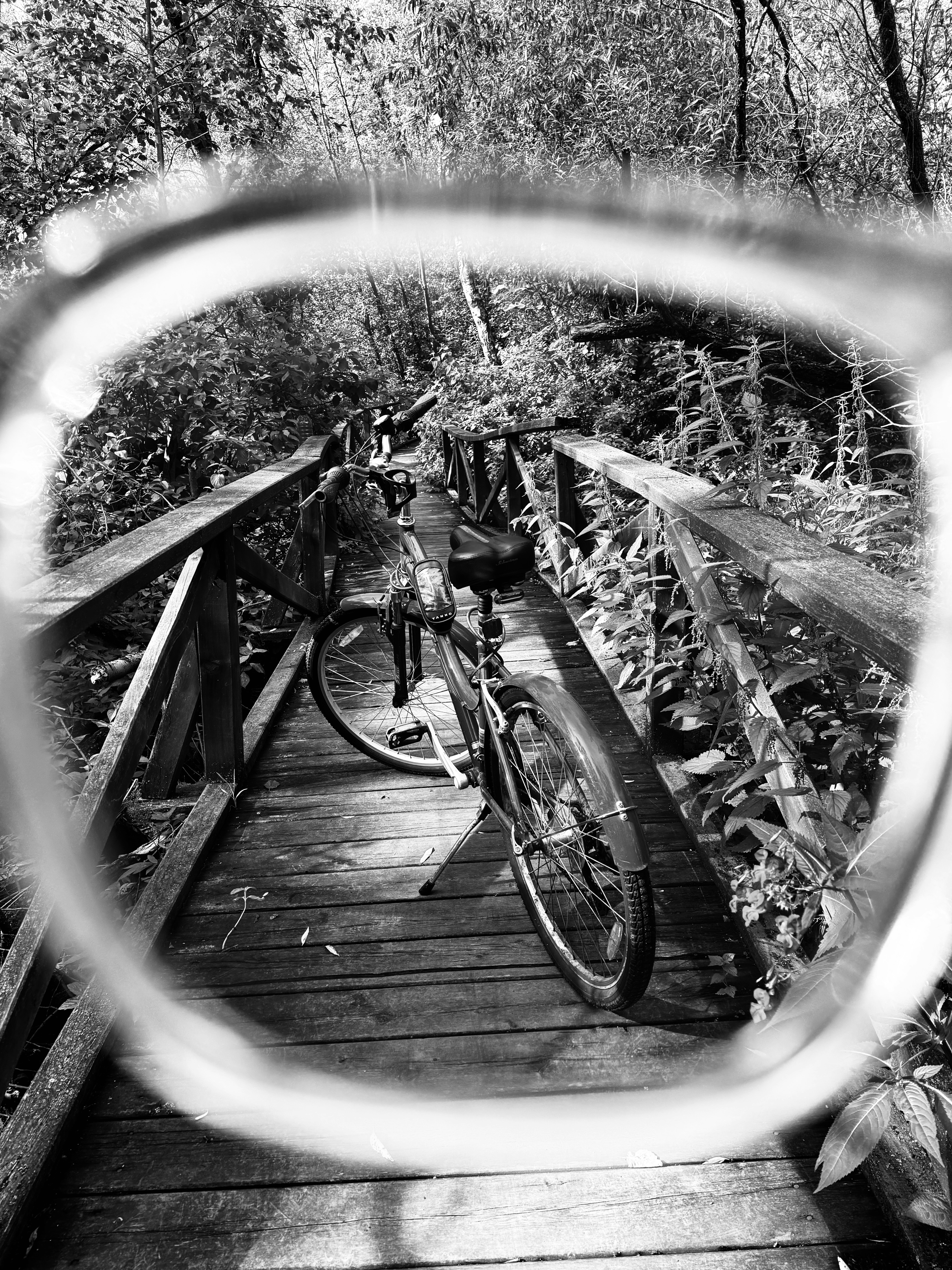 A black and white photo of a bicycle on a bridge