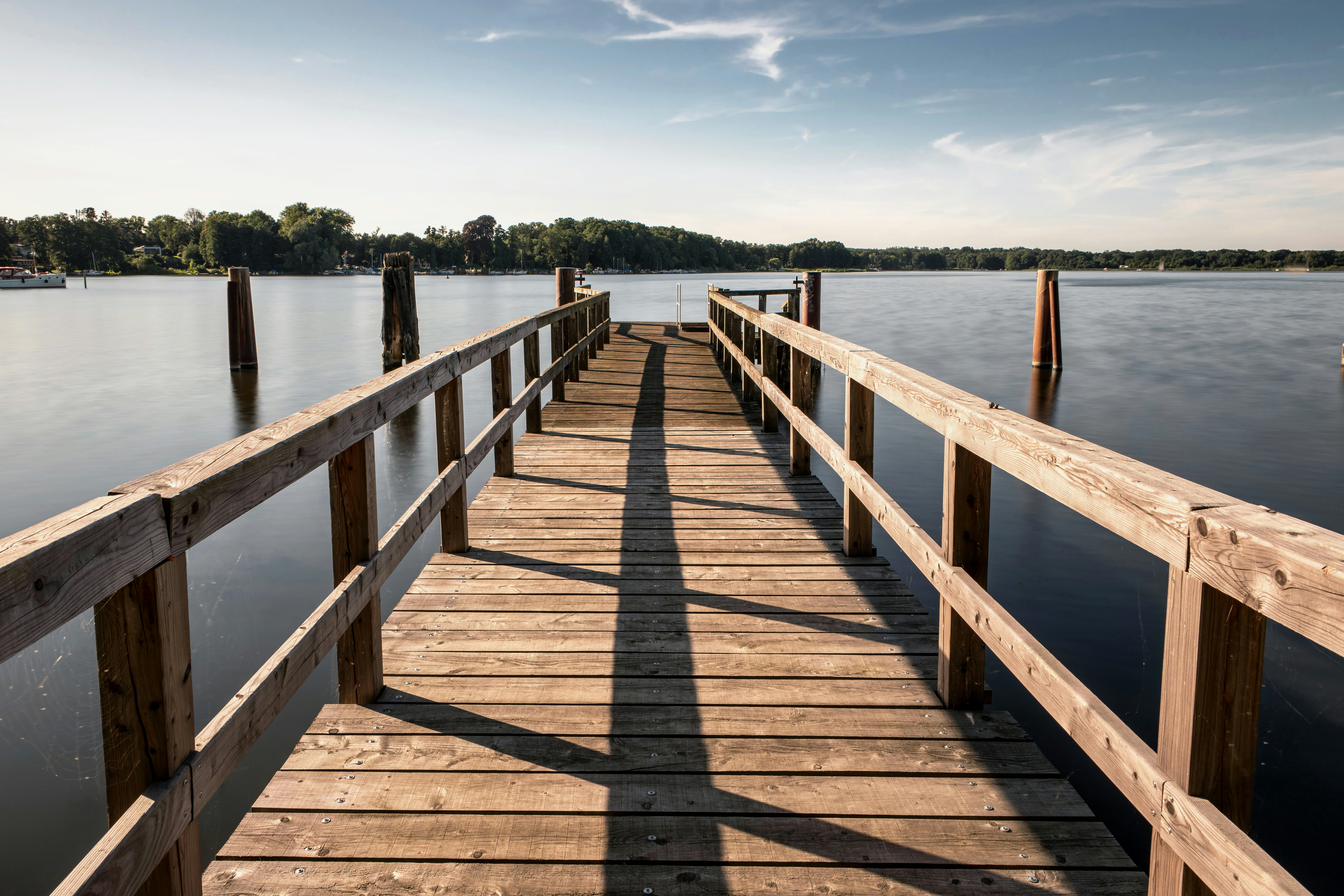 A wooden dock extending into a body of water
