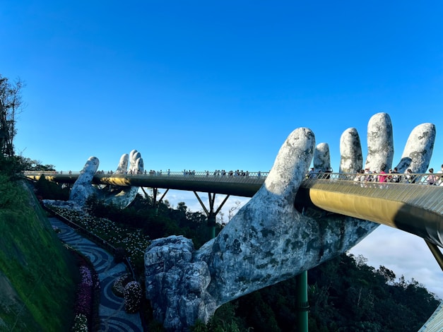 A bridge that has a bunch of rocks on it