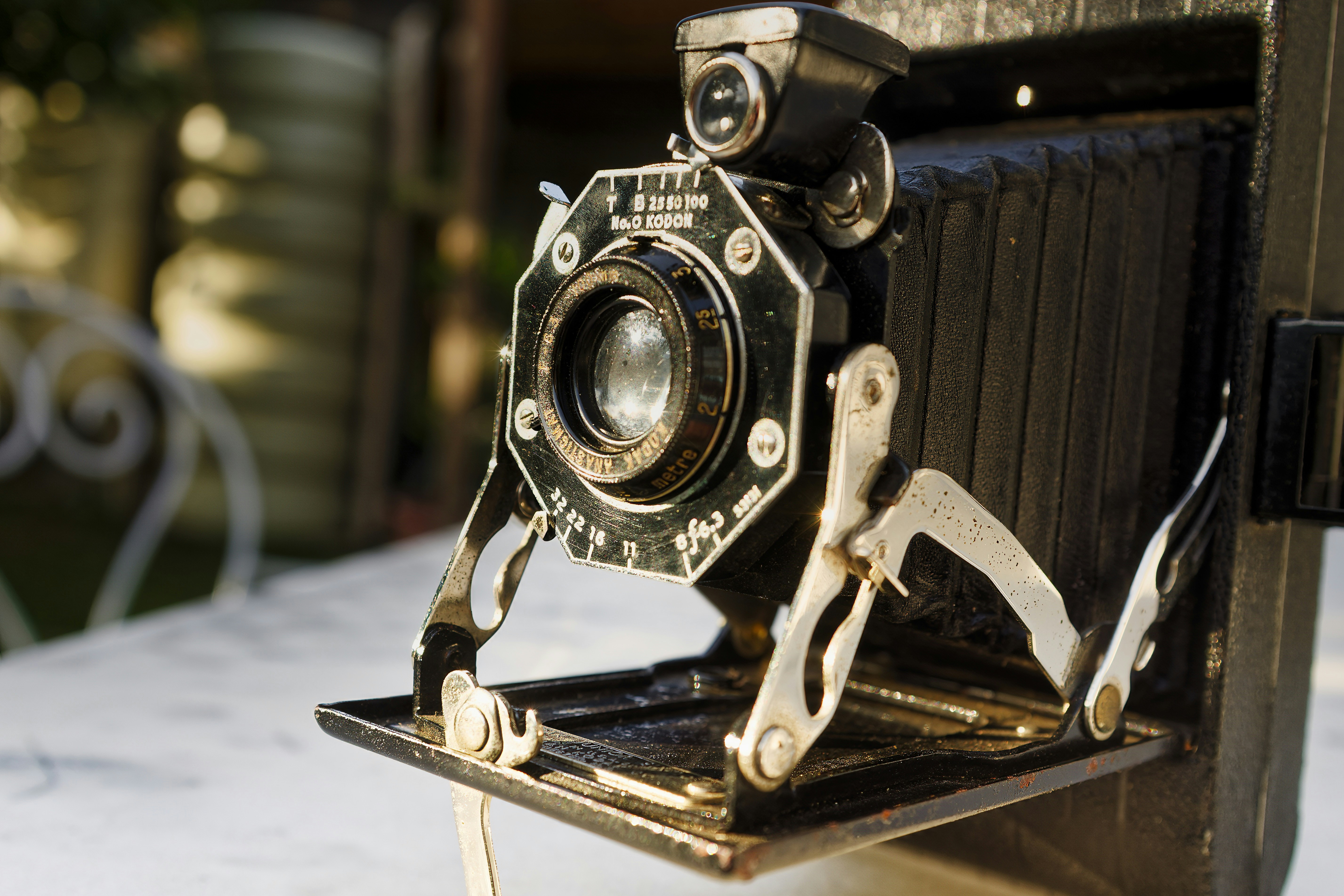 A close up of an old fashioned camera