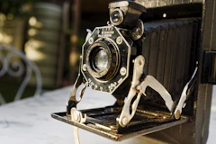A close up of an old fashioned camera