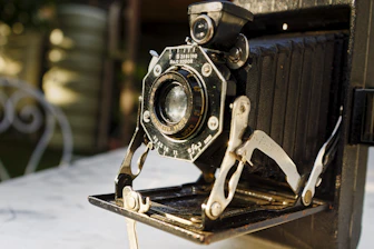 A close up of an old fashioned camera