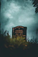 A cemetery sign in a grassy area under a cloudy sky