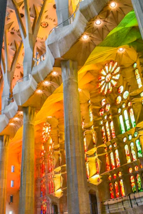 The interior of a cathedral with stained glass windows