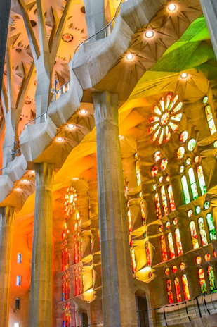 The interior of a cathedral with stained glass windows