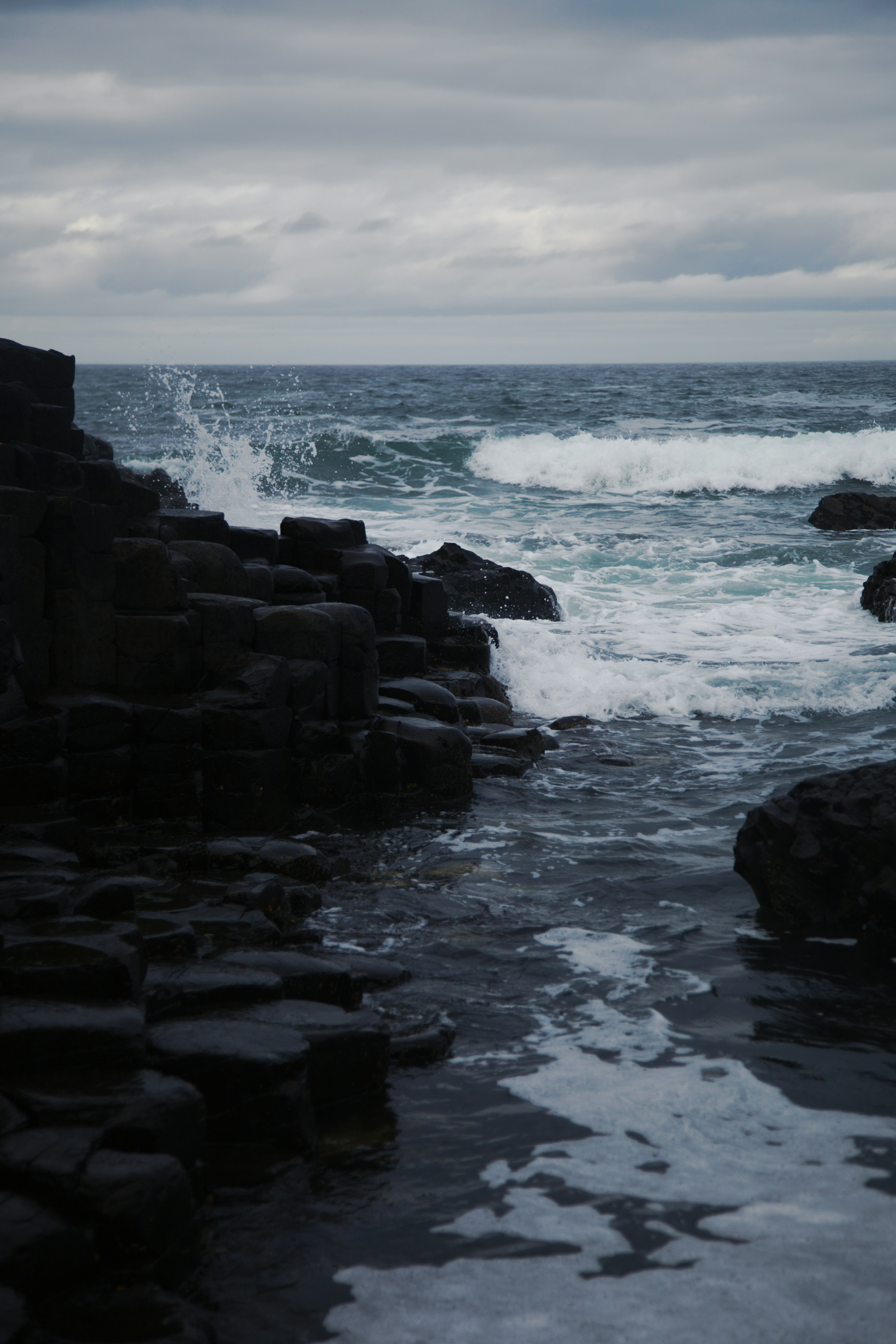 A body of water next to a rocky shore