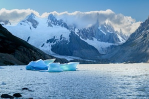 A group of icebergs floating on top of a lake