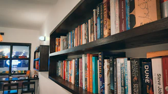 A bookshelf filled with lots of books next to a window