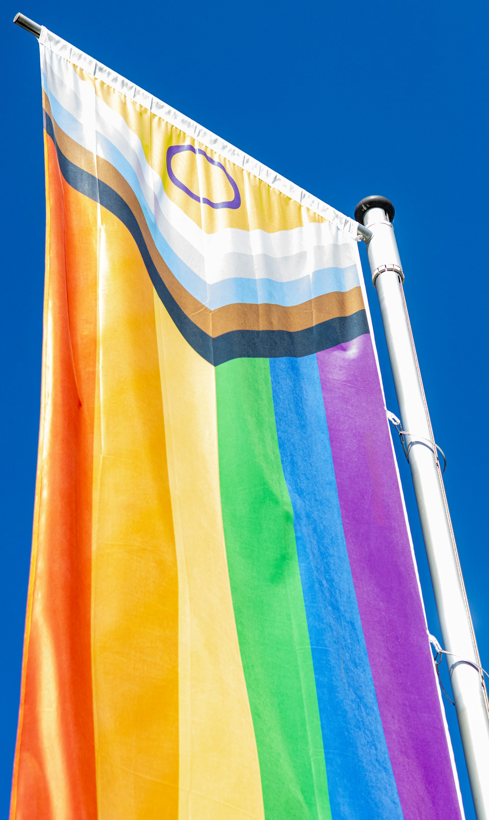 A rainbow colored flag flying in the sky