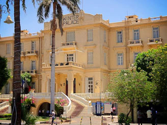 A large building with a palm tree in front of it