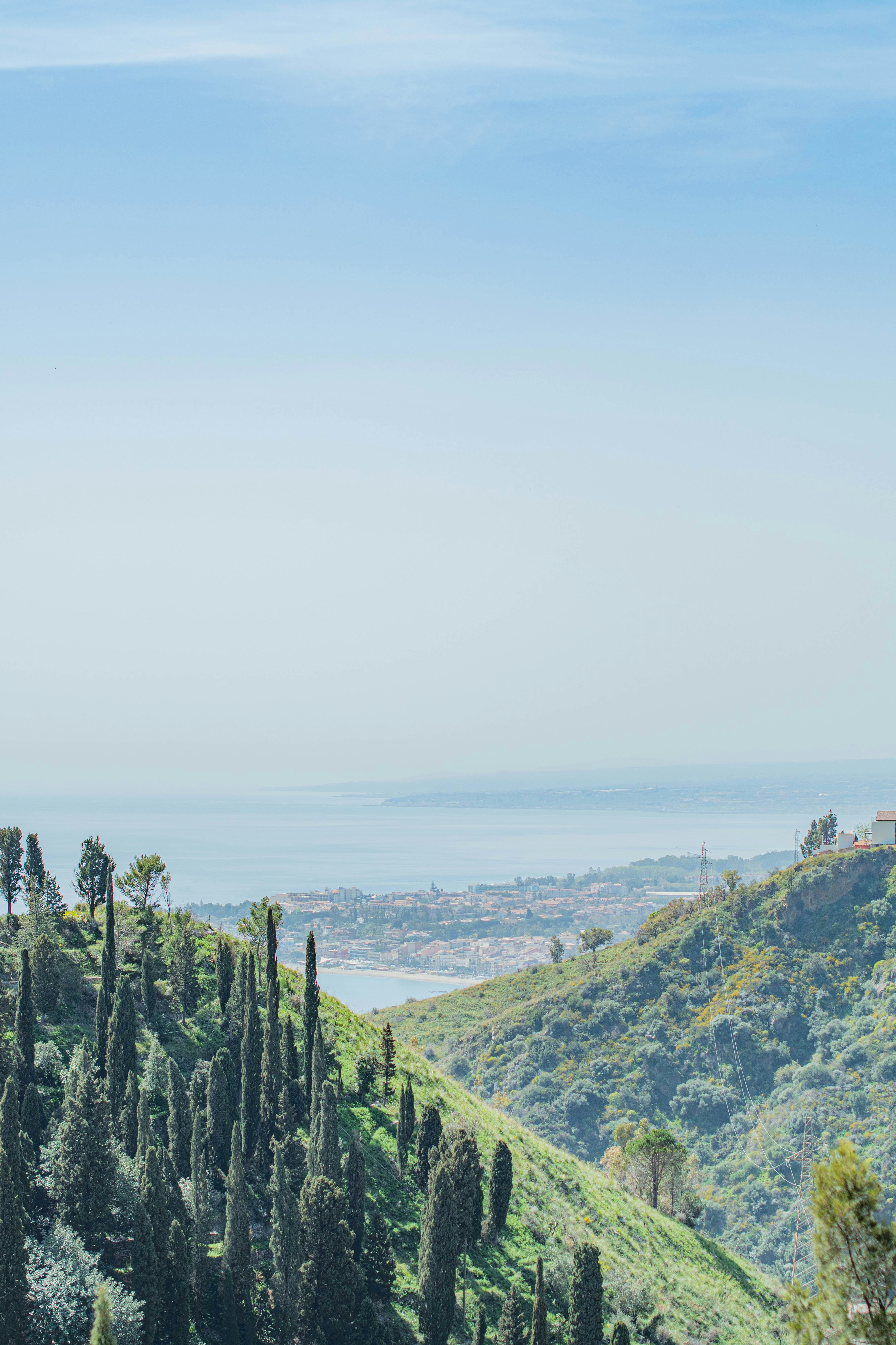 A view of a hill with trees and a body of water in the distance