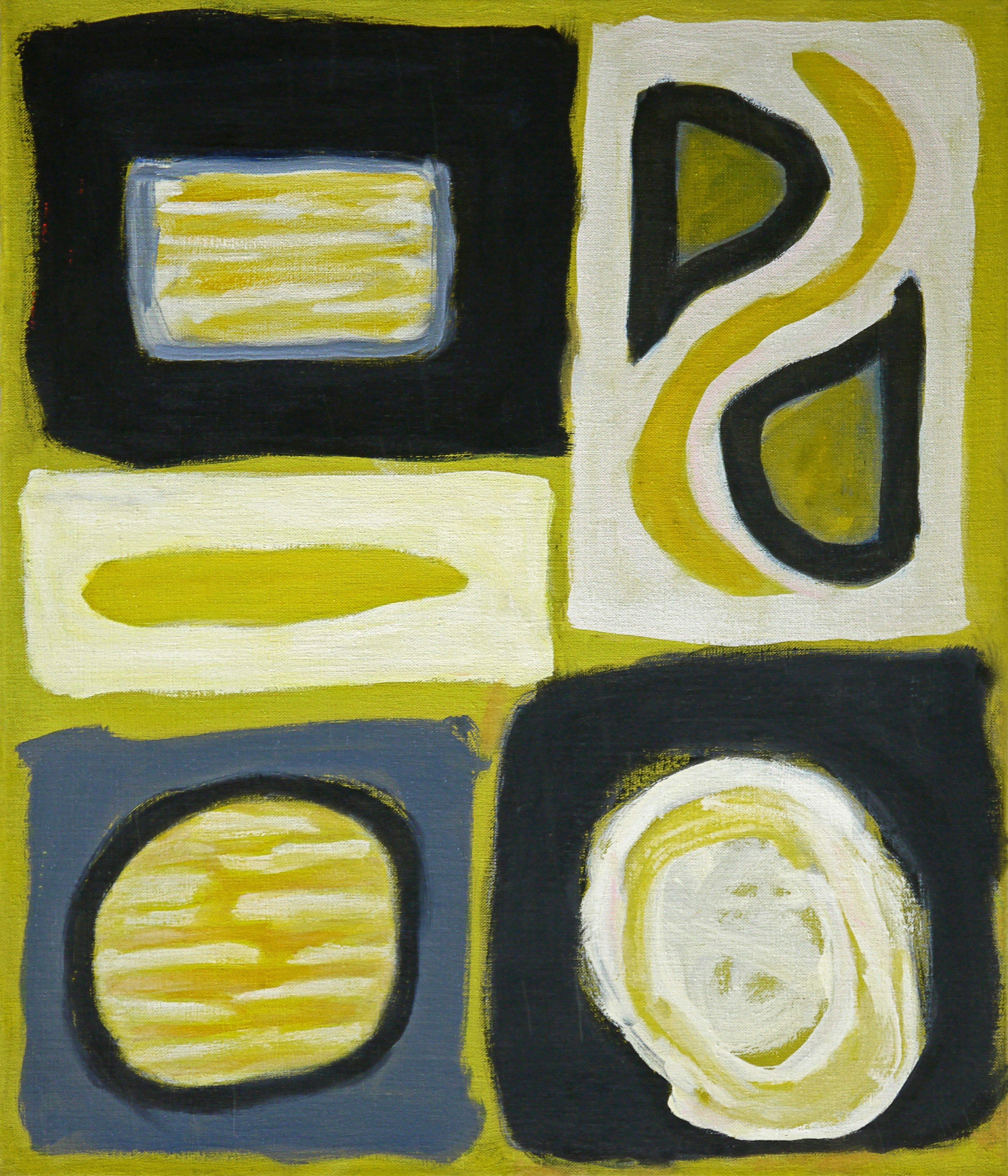 A painting of black, yellow, and white squares