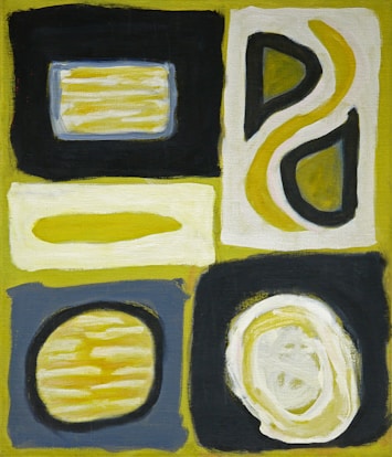 A painting of black, yellow, and white squares