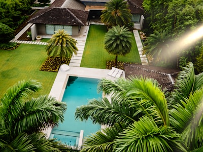 An aerial view of a house with a pool surrounded by palm trees