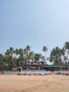 A sandy beach with a row of houses in the background