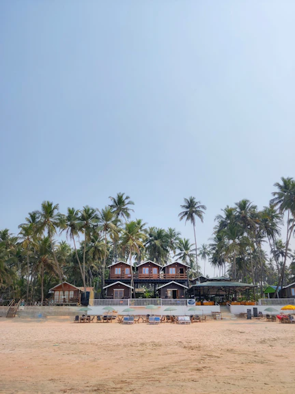 A sandy beach with a row of houses in the background