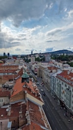 An aerial view of a city with tall buildings