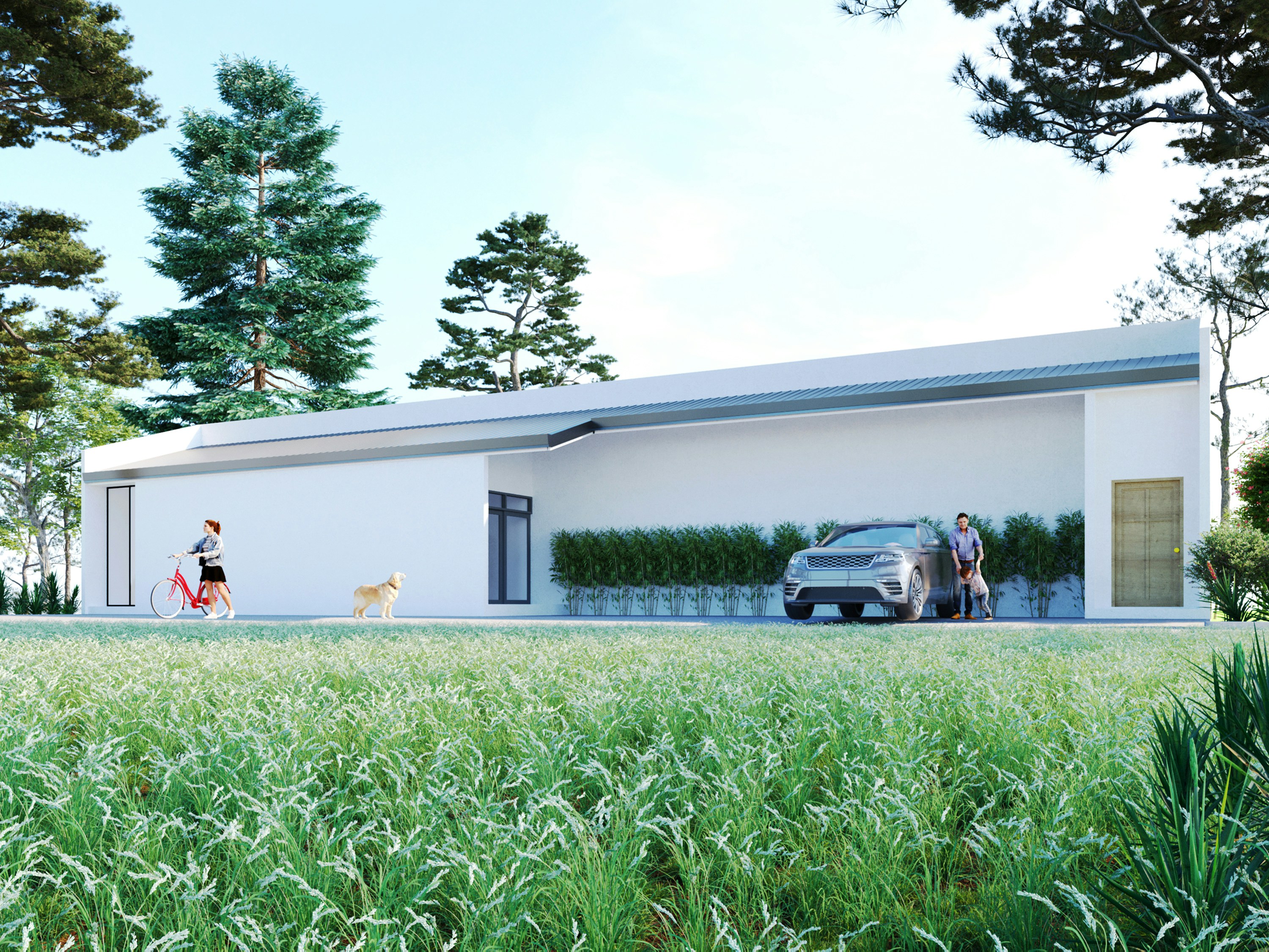 A house with a car parked in front of it