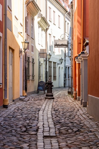 A cobblestone street in a european city