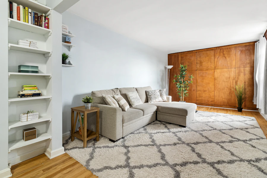 Illustrative living room with a rug and sofa