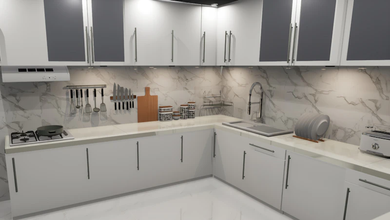 Cocina moderna a medida en tonos blancos y mármol