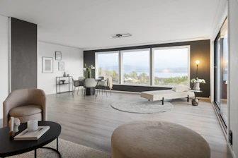 A living room filled with furniture and a large window