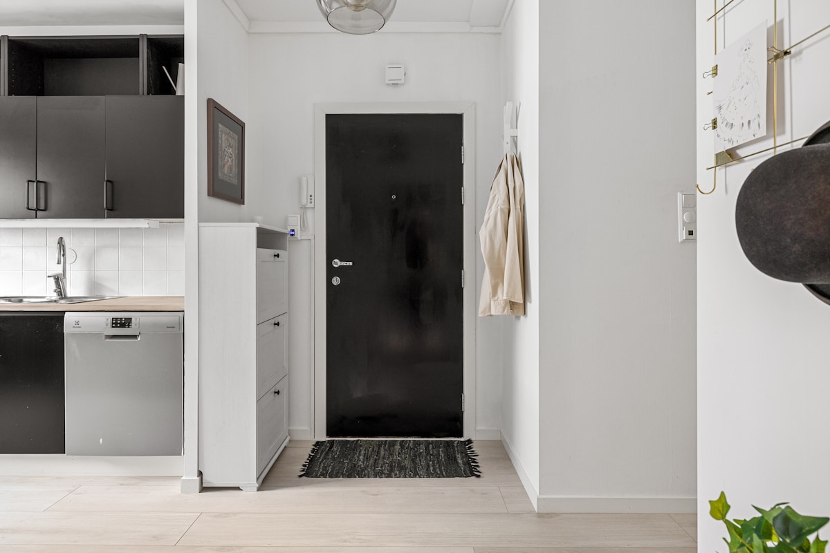 Tiny apartment entryway with coat hooks beside front door and shoe cabinet storage