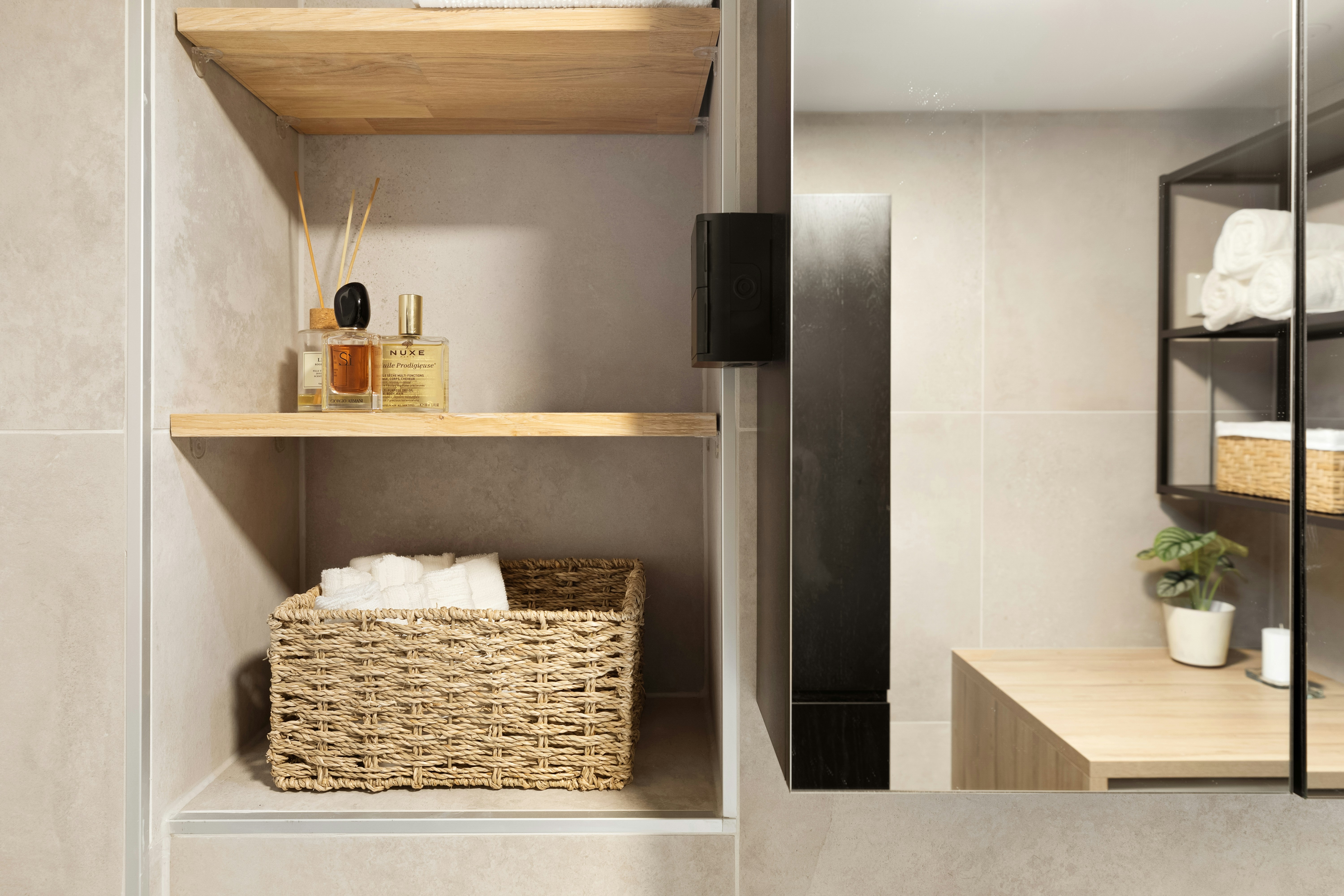 organized dual-sink cabinet with drawer dividers and vertical storage solutions - apartments with double vanities