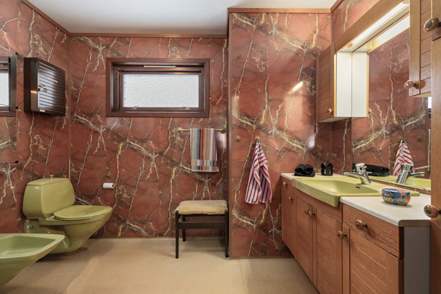 Bathroom with red marble walls and floor, a wooden vanity and a window