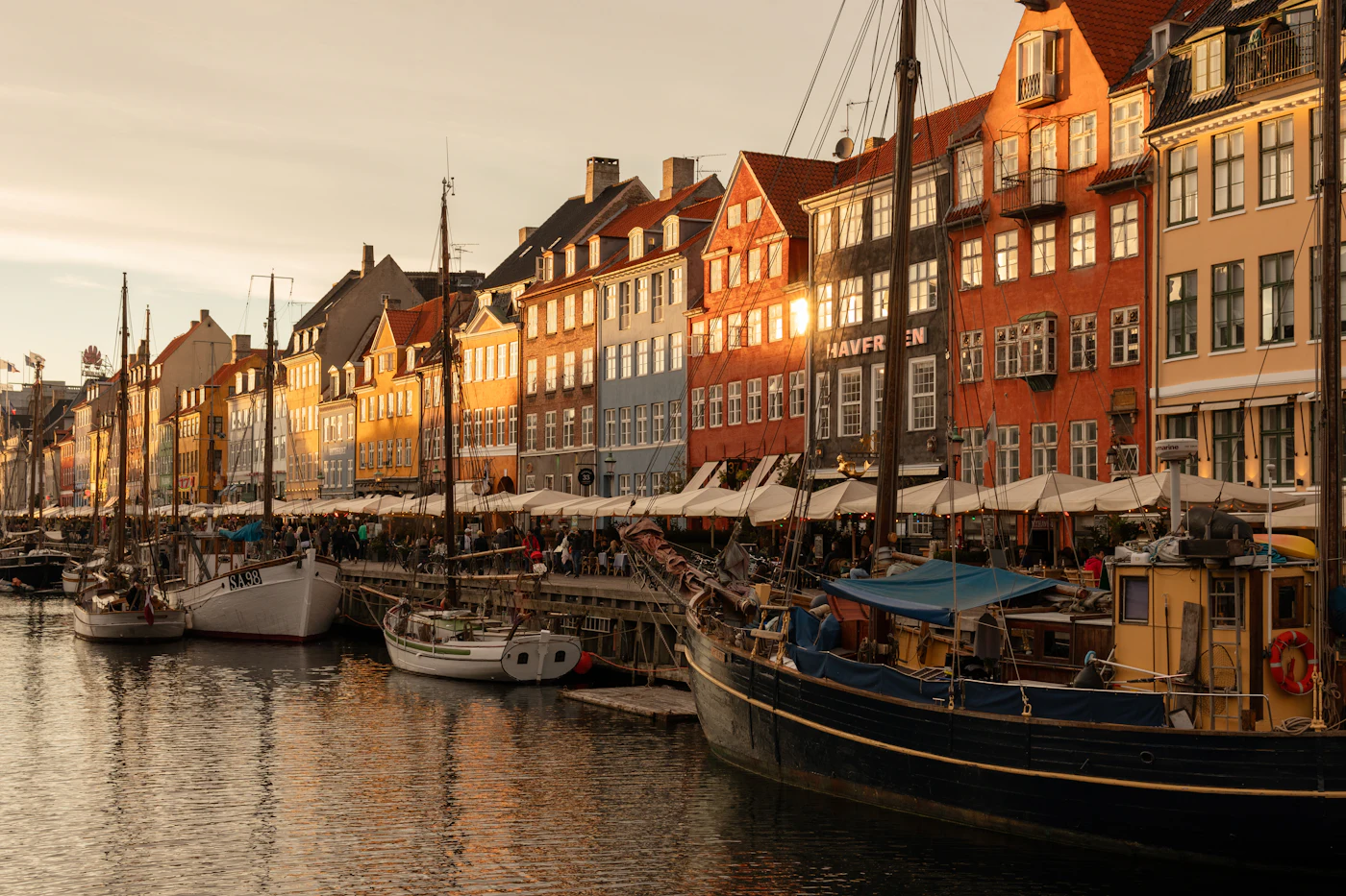 Colorful townhouses and boats along Nyhavn, Copenhagen